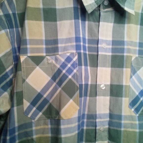 Akademiks Button Up Shirt 3XL Short Sleeve Plaid Green Blue - Picture 2 of 11